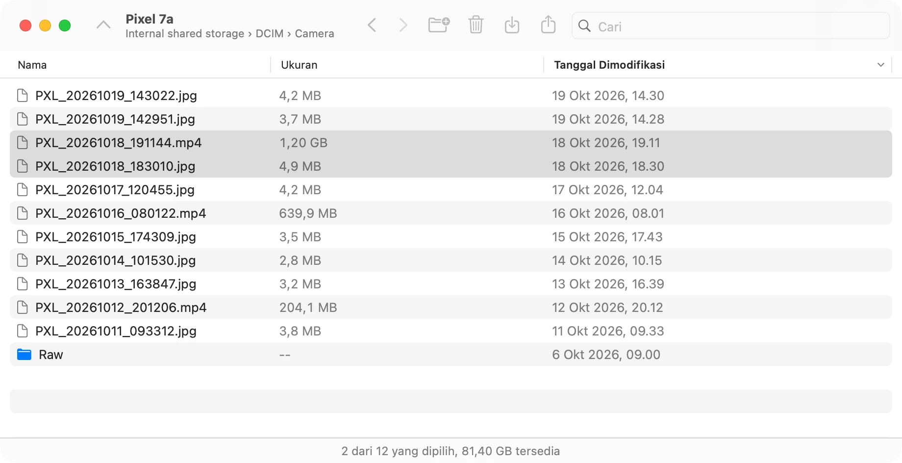 Jendela Yaaft menampilkan folder Camera di Pixel 7a, dengan 2 file dipilih dan 81,40 GB tersedia.